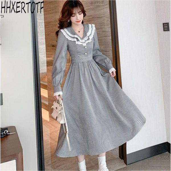 

casual dresses 2021 spring autumn retro trim lace patchwork long plaid sleeve houndstooth elegant women dress, Black;gray