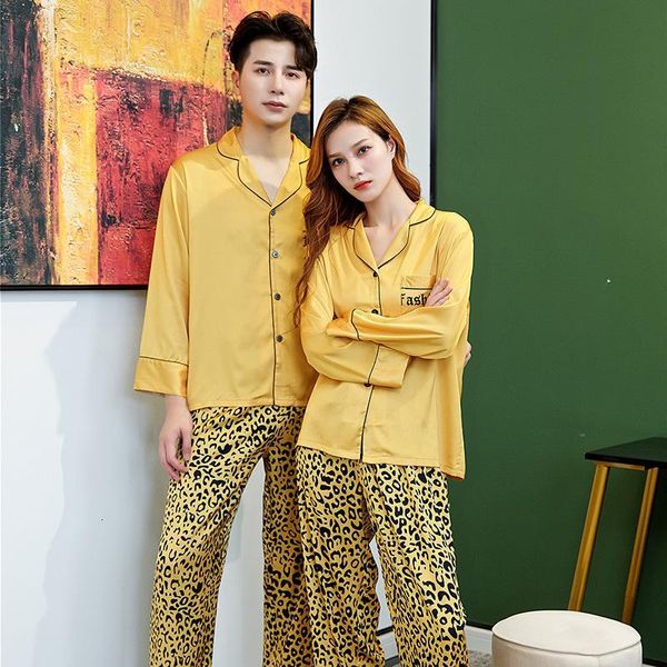 

men's sleepwear fzslcyiyi couple leopard printed pajamas set spring lovers men women long sleeve pants satin homewear nightwear hg8x, Black;brown