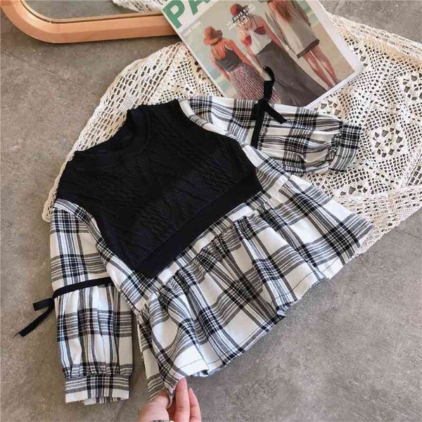 Gooporson outono meninas meninas roupas malha splicing xadrez blusa moda coreano camisa de manga longa camisa cute crianças traje top 210331