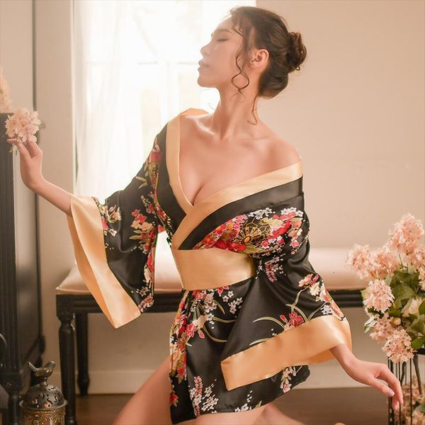 

lingerie nightgown satin kimono women sleepwear bow knot bathrobe set bath robes nightwear, Black;red