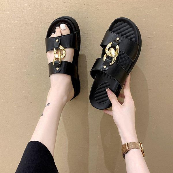 

sandals 2021 women chain summer woman peep-toe comfortable flat casual shoes female sandalias beach slippers footwear, Black