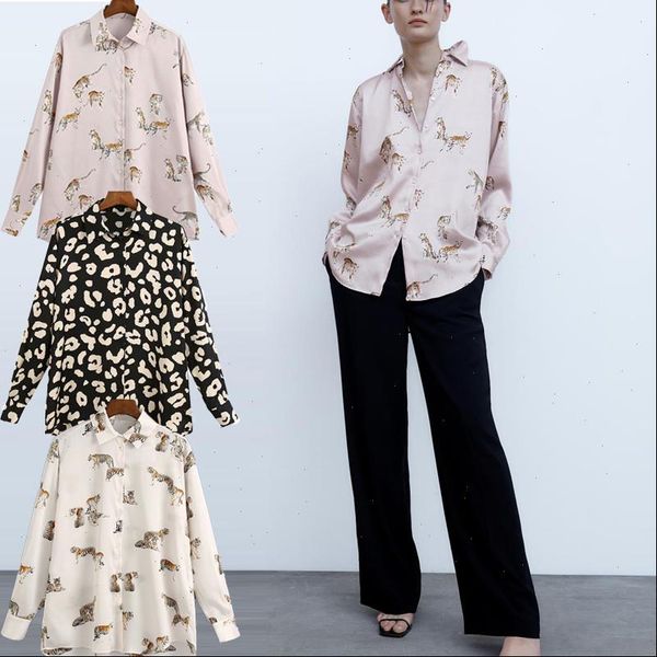 

za vintage plus size womens shirts animal print lapel collar long sleeve front button high street female loose, White