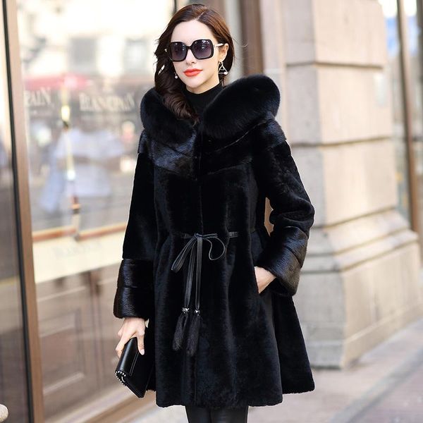 

women's fur & faux coat women hooded mink atmospheric sheep fs21142, Black