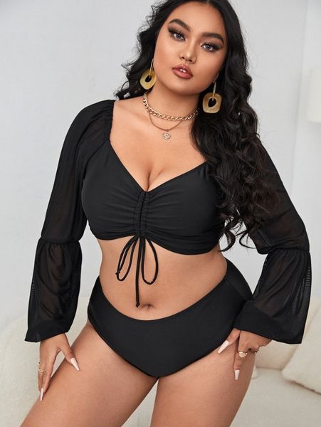 

plus drawstring front high waisted bikini swimsuit x4xv#, Black