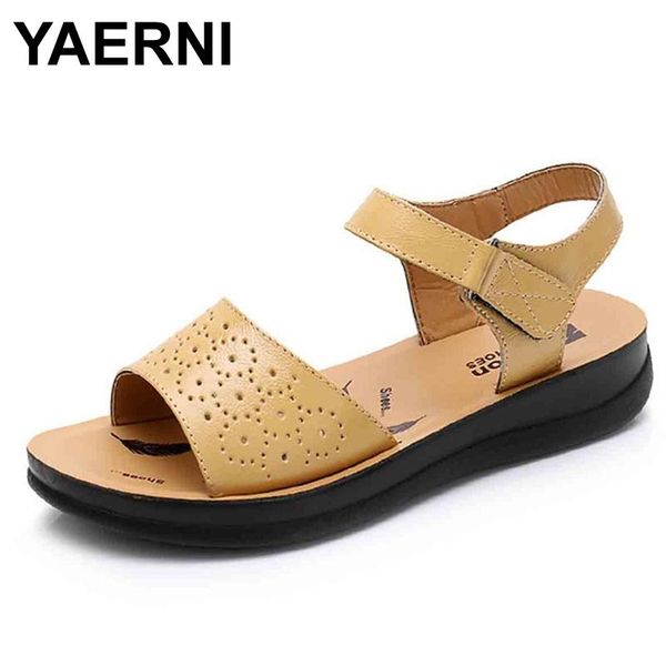 

buckle mother write summer slope with leather large size sandals women's shoes non-slip soft bottom comfortable, Black