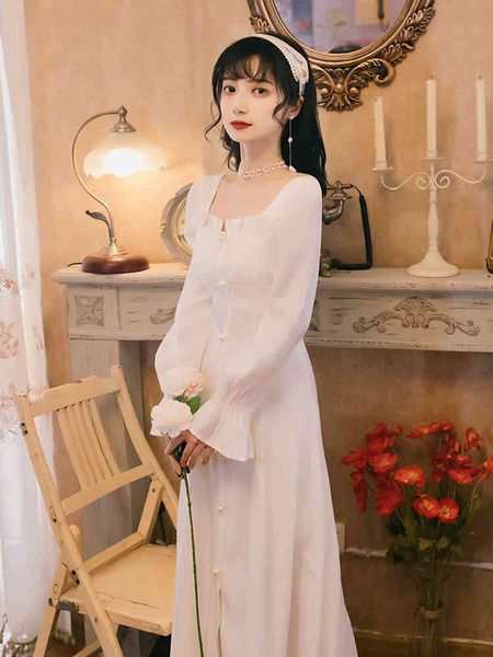 

spring autumn women's white square collar temperament dress retro elegant lady 210514, Black;gray