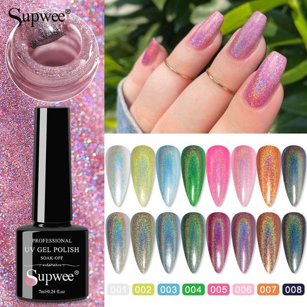 

nail gel supwee 7ml holographic polish soak off glitter super laser manicure semi permanent uv color art base coat, Red;pink