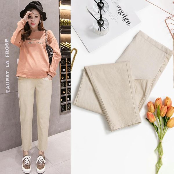 

maternity bottoms 2021 spring pregnant women belly pants long loose high waist stretched cotton trousers solid color office lady, White