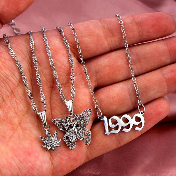 

chains boho multilayer butterfly rhinestone pendant necklaces for women leaf numbers twist fashion jewelry, Silver