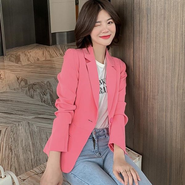 

s-2xl spring solid short women pink blazer with pockets female coat autumn fashion slim blazers outerwear jackets women's suits, White;black