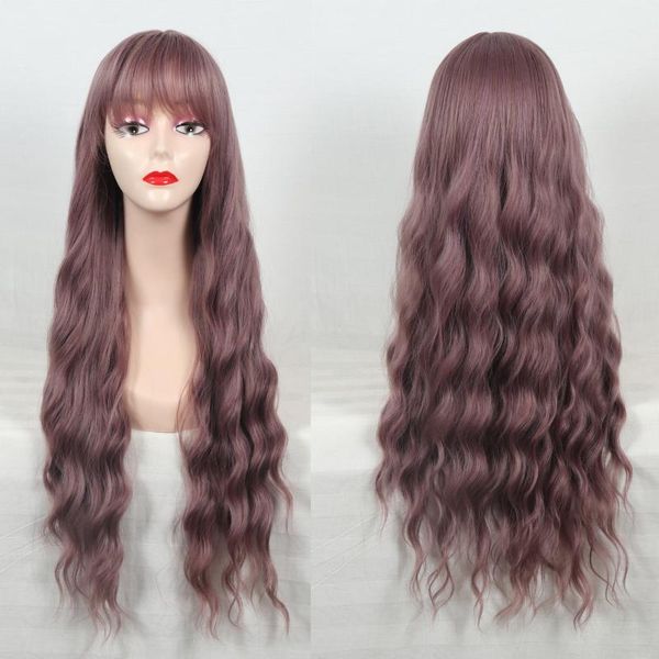 

synthetic wigs loryana long mix purple pink brown with bangs heat resistant hair kinky curly for women, Black