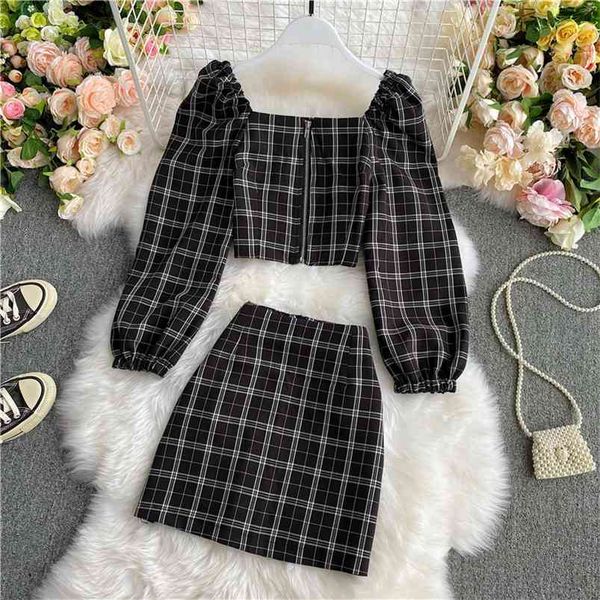 

plaid tracksuit women 2 two piece set casual short shirts+ mini skirt matching sets outfits 210730, White