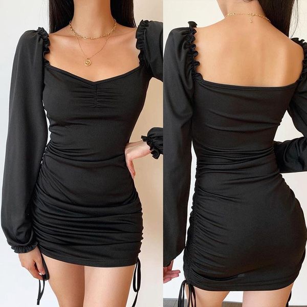 

casual dresses vintage slim black long sleeve mini dress women streetwear bandage autumn female elegant party, Black;gray