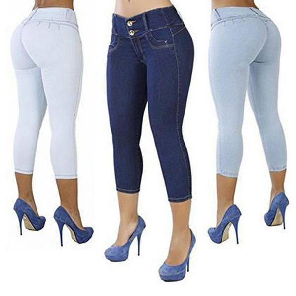 

women's jeans 2021 plus size women casual cropped pants solid color button waist slim trousers breathable elastic pencil, Blue