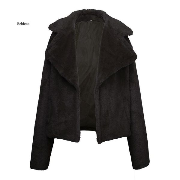

women's fur & faux winter warm short women coats jackets furry cropped jacket turn down collar open front plush overcoat plus size, Black