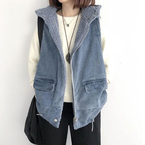 

vests women's denim vest winter imitation lambswool loose large size mid-length thick warm hooded sleeveless waistcoat jacket y1105, Black;white
