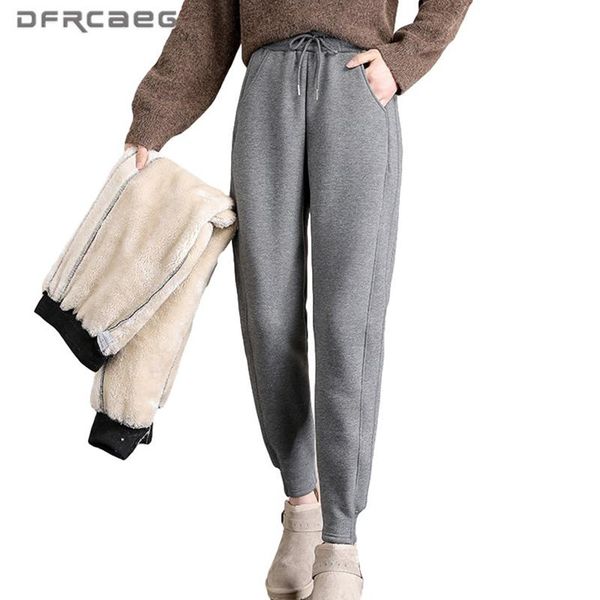 

thicken warm lambswool pencil pants for jogger women 2021 winter elastic waist loose tracksuits trousers femme sweatpants women's & cap, Black;white