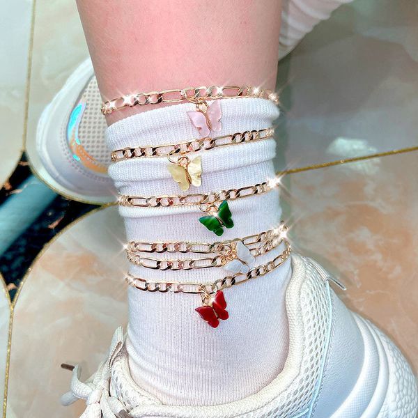 

women bohemian multi-layer butterfly anklet beach creative retro simple alloy butterfly foot chain double-layer anklet fashion jewelry, Red;blue