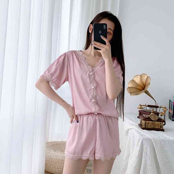 

women's sleepwear lisacmvpnel summer ins style pajamas short sleeve pants set lace sweet pyjamas iw1z, Black;red