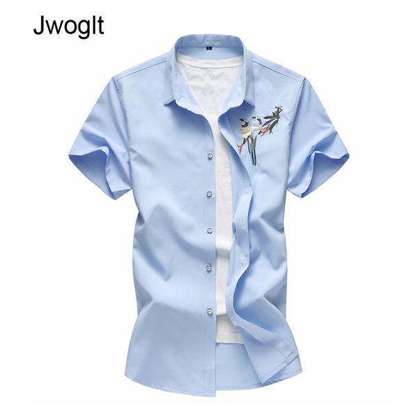 

45kg-120kg summer fashion men's casual shirts bird embroidery short sleeve white black shirt 5xl 6xl 7xl 210412