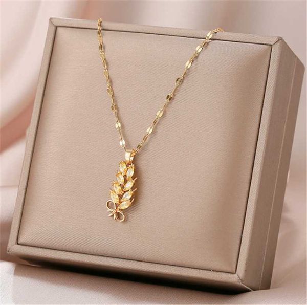 

stainless steel micro-inlaid zircon big harvest golden wheat ear titanium necklace no fade pendant necklaces, Silver