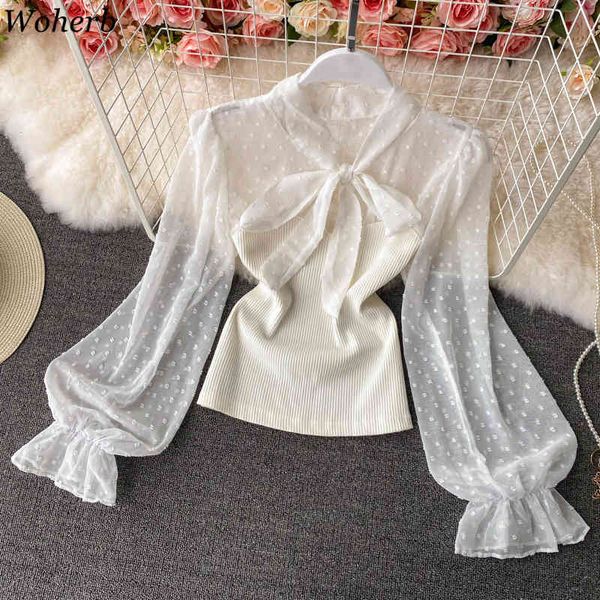 

shirts women spring french blouse chic bow slim tshirt flared sleeve chiffon patchwork crop women's clothes 210422, White