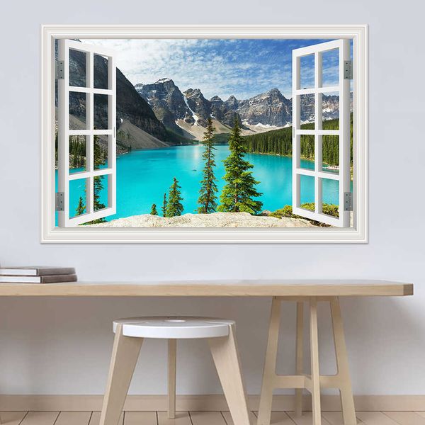 3D Orman Duvar Sticker Doğa Dağ Gölü Pencere Görünümü Manzara Duvar Kağıdı Çıkartmaları Çıkarılabilir Çıkartmalar Oturma Odası Ev Dekorasyonu için 210705