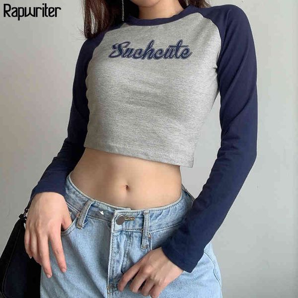 

panelled cute letter print cotton y2k aesthetic t shirt women harajuku o-neck long sleeve slim crop tee shirt feminina 210415, White