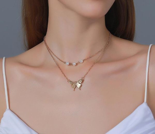 

pendant necklaces fresh pearl double-layer necklace, simple and artistic butterfly pendant, clavicle chain, temperament net red neck jewelry, Silver