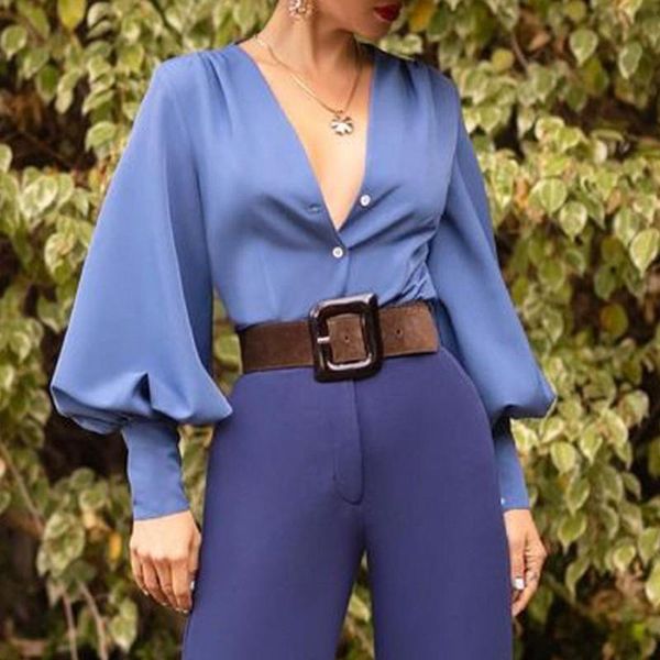 

women's blouses & shirts v-neck lantern sleeve blouse loose casual buttons cardigan commute oversize solid color single-breasted wester, White