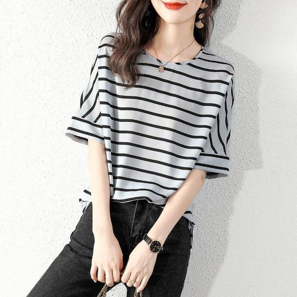 

women's t-shirt chiffon shirt short-sleeved ladies korean loose and thin large size striped tide bat type, White