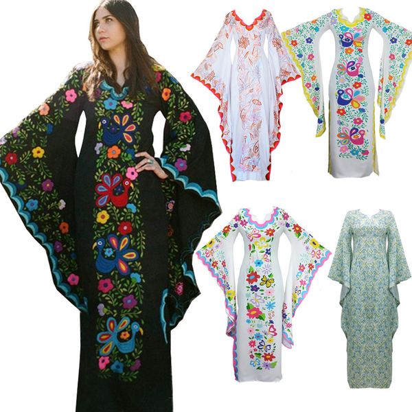 

women mexican print dress bohemian maxi floral vintage, Black;gray