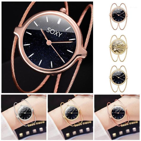 

fashion women's steel wire round quartz bracelet bangle stainless watchband casual wristwatch wristwatches, Slivery;brown