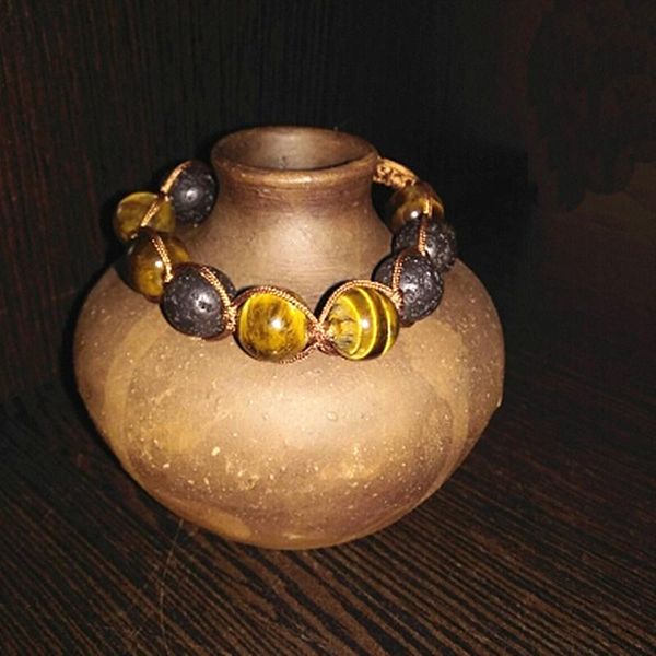

charm bracelets 2021 black volcanic lava stone tiger eye 12mm beaded bracelet for men brading macrame fashion jewelry, Golden;silver