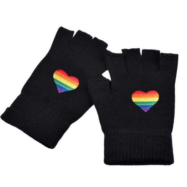 

five fingers gloves women men winter warm knitted fingerless rainbow stripes heart embroidered gay lesbian pride hip hop half finger thermal, Blue;gray