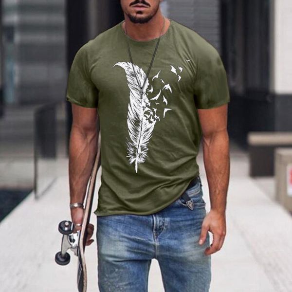 

men's t-shirts fitness feather printed short sleeve slim t-shirt o neck summer casual t shirt for men 2021 camisetas hombre verano, White;black