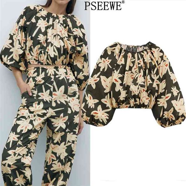 

black printed crop woman summer o neck puff sleeve blouses women casual loose pleats vintage ladies 210519, White