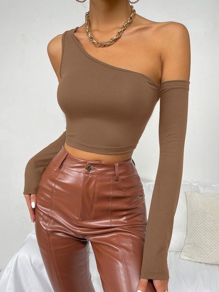 

solid asymmetrical shoulder crop b7bc#, White
