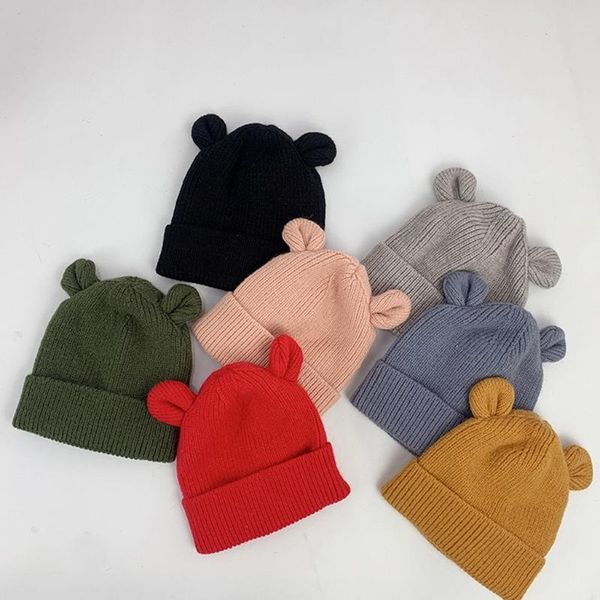

hair accessories cute bear baby hat with ears autumn winter knitted kids bonnet soft warm infant beanie cap for born girls boys, Slivery;white