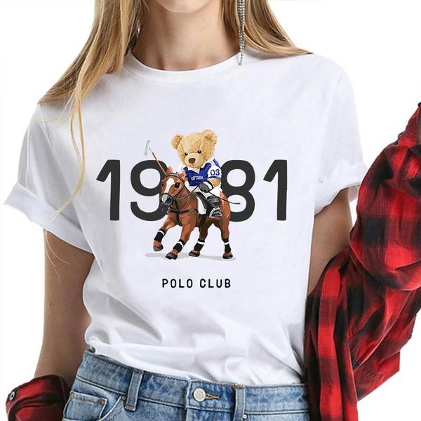 

women's t-shirt fashion teddy bear tees letter-printed 100% cotton plus-size summer short-sleeved customized men and women, White