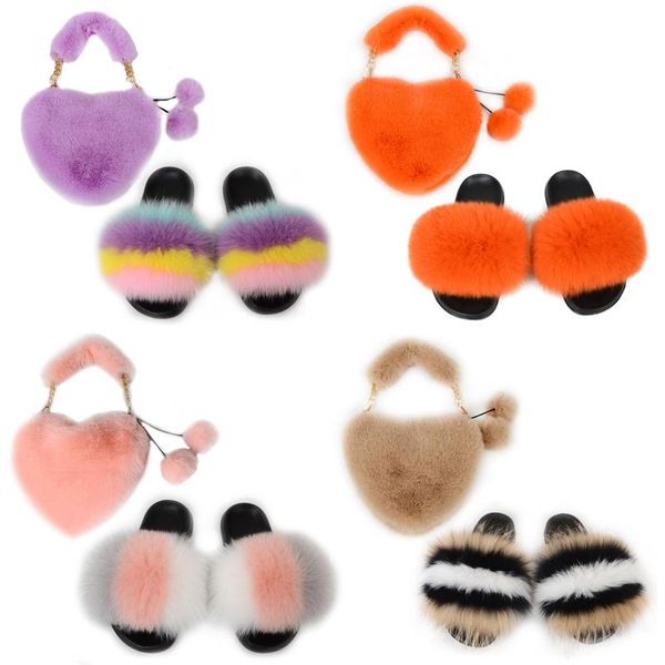 

women's furry colorful fur slippers ladies slides female fluffy sandals girl's house shoes faux love heart bags sets, Black