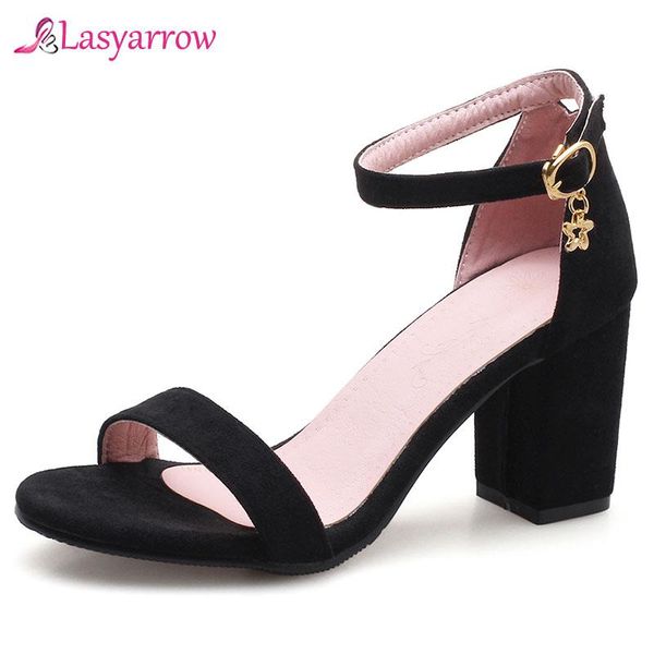

lasyarrow 2021 women sandals square high heel fashion shoes platform buckle wedding flock size 32-43, Black