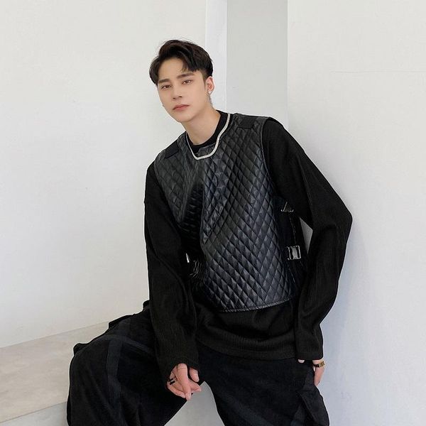 

male japan harajuku streetwear black punk gothic sleeveless jacket waistcoat men back zipper leather vest coat outerwear men's vests, Black;white