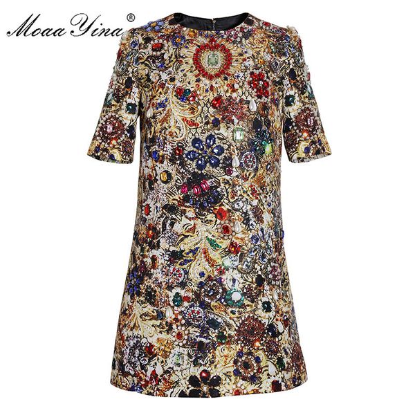

fashion designer runway dress spring summer women dress short sleeve beading diamond vintage dresses 210524, Black;gray