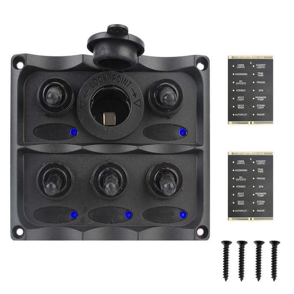 Car Marine LED Rocker Switch Panel Interruttore 5 Gang DC 12v Impermeabile Voltmetro/Spina accendisigari