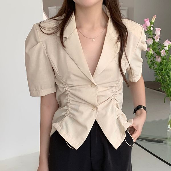 

korean chic fashion office lapel side pleated single breasted puff sleeve solid color shirt blouse women summer 6w1447 210510, White