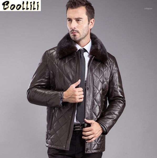 

men's leather & faux boollili genuine jacket men winter down sheepskin coat collar chaqueta cuero hombre, Black