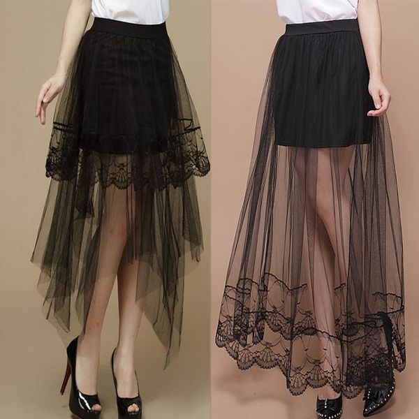 

skirts lolita princess tulle long skirt pleated dance tutu gauze women petticoat jupe saia faldas lace mesh elastic waist lady's, Black