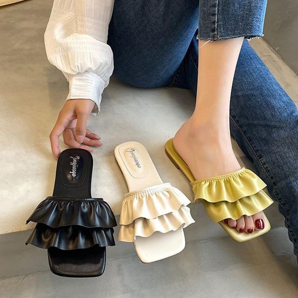 

shoes square toe slippers casual rubber flip flops slides slipers women luxury flat soft hawaiian 2021 pu basic rome fashion, Black