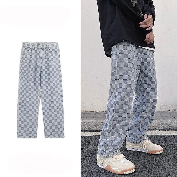 

summer plaid jeans male ins street hip-hop wide-leg skateboard trousers, Blue